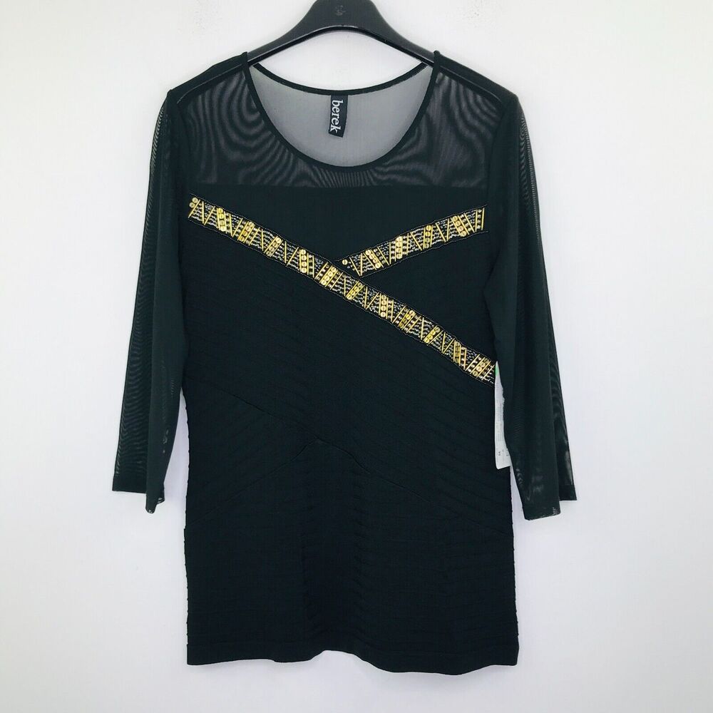 Berek Women's Medium Shirt Black Gold Beaded Mesh Yoke Wanderbar NWT Flaw BU22